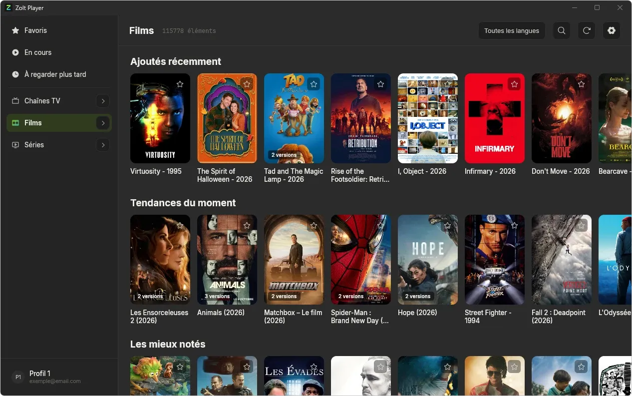 Catalogo dei film in Zolt Player: file Aggiunti di recente e Di tendenza